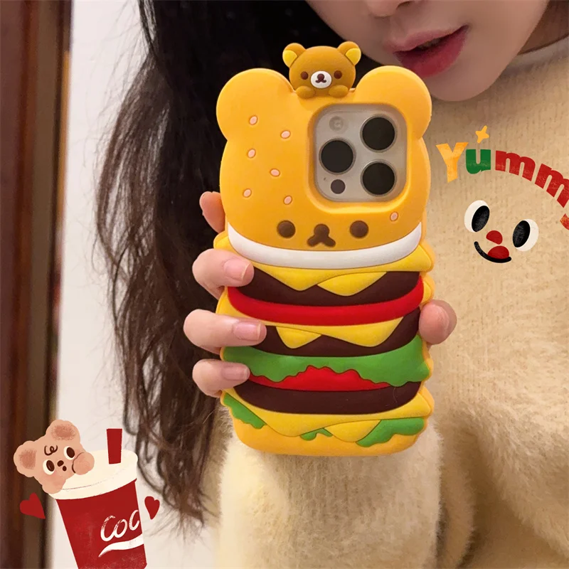 3D Cartoon Bear Hamburger Soft Case For iphone 16 Pro Max Silicone Cute Covers Kids for iphone 15 14 Plus 12 13 Pro Max i11 Max