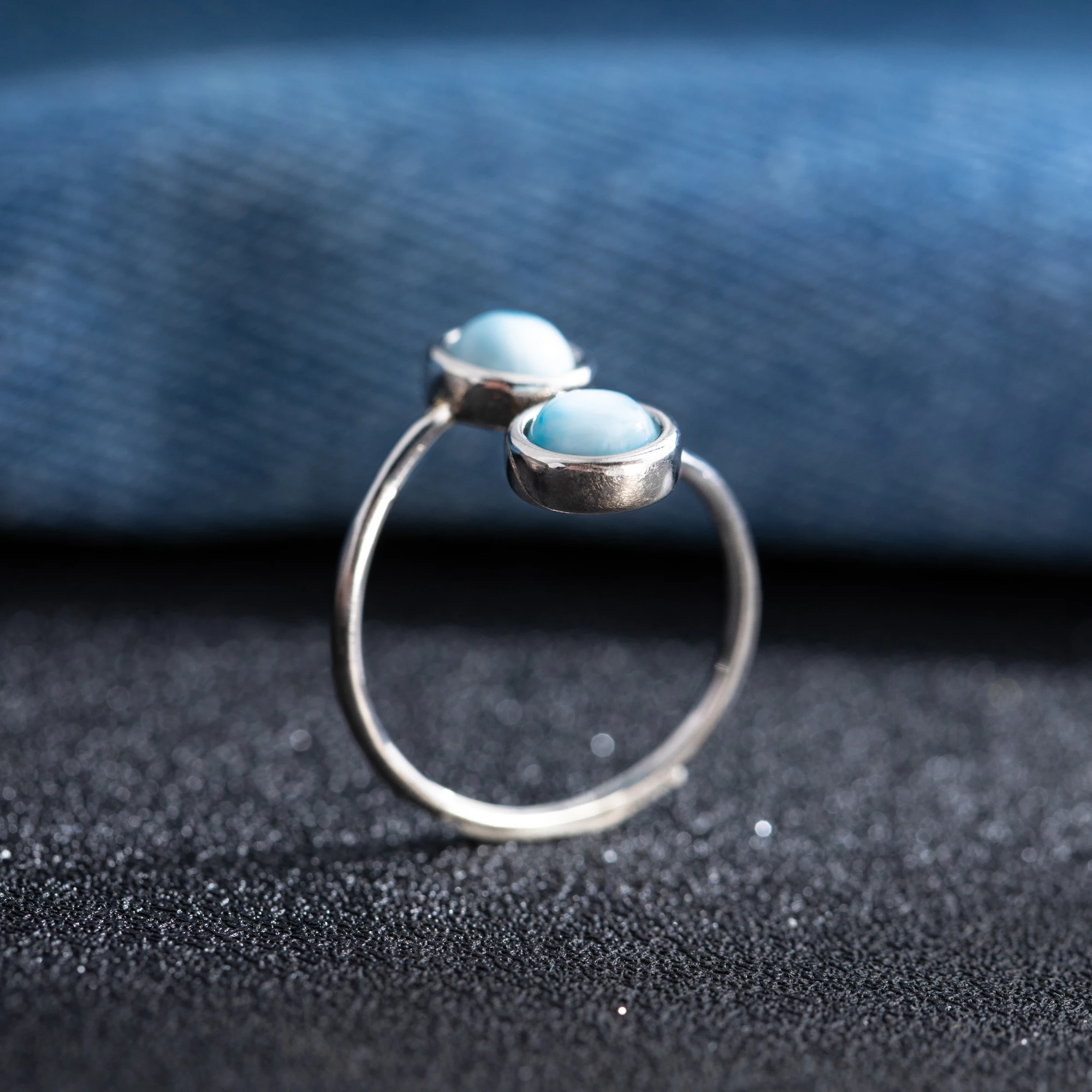Cocktail Round Shaped Larimar Double Stone Ring for Woman Adjustable Blue Gem Stone Engagement Jewelry Gifts Accessories 6