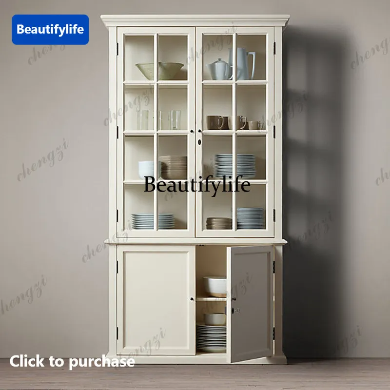 A68American solid wood double-door bookcase dining side model room storage living room glass door display cabinet