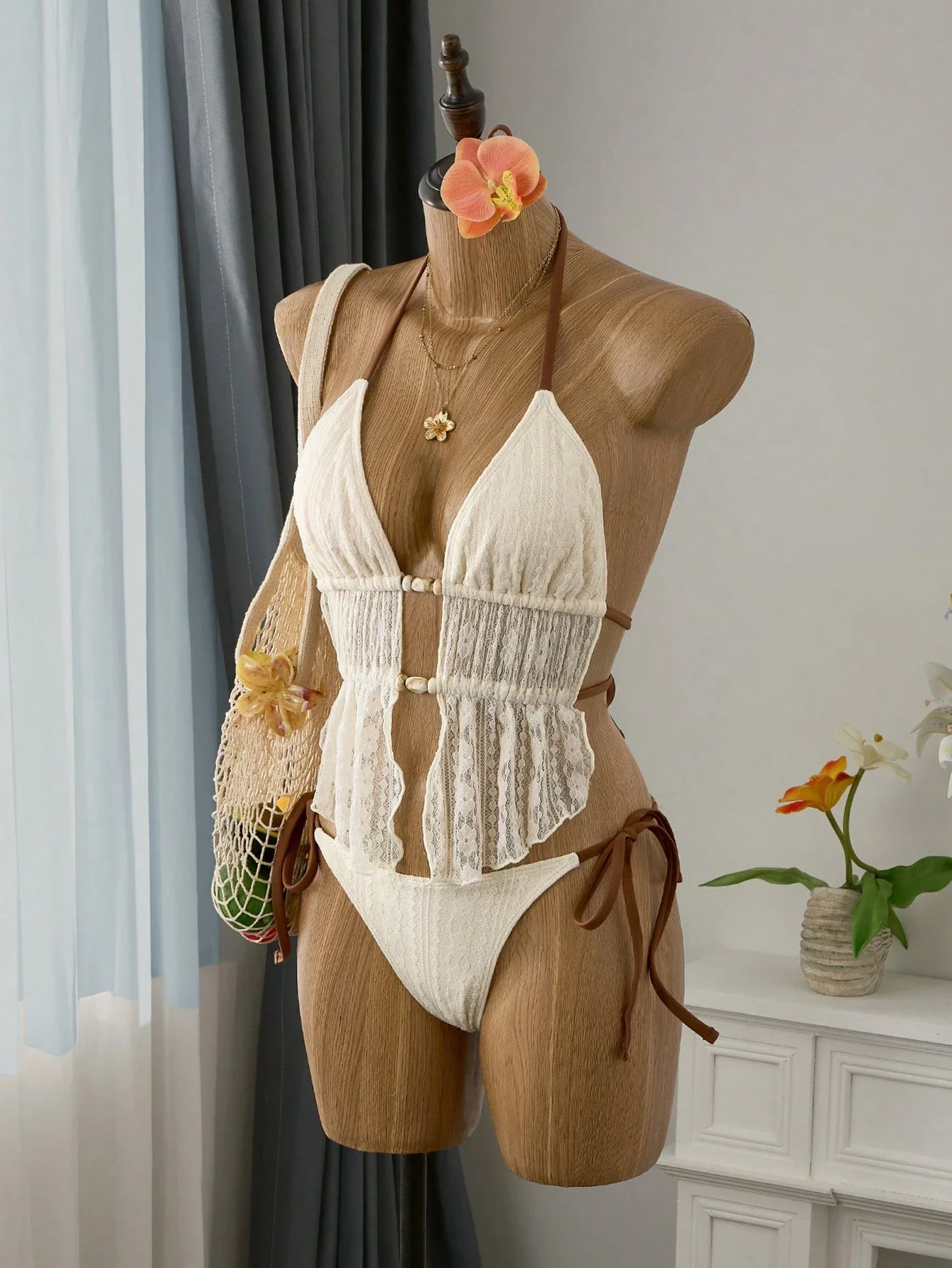 Cream Lace Halter Neck Tankini Set With Beaded Detail And Tie Side Bottoms