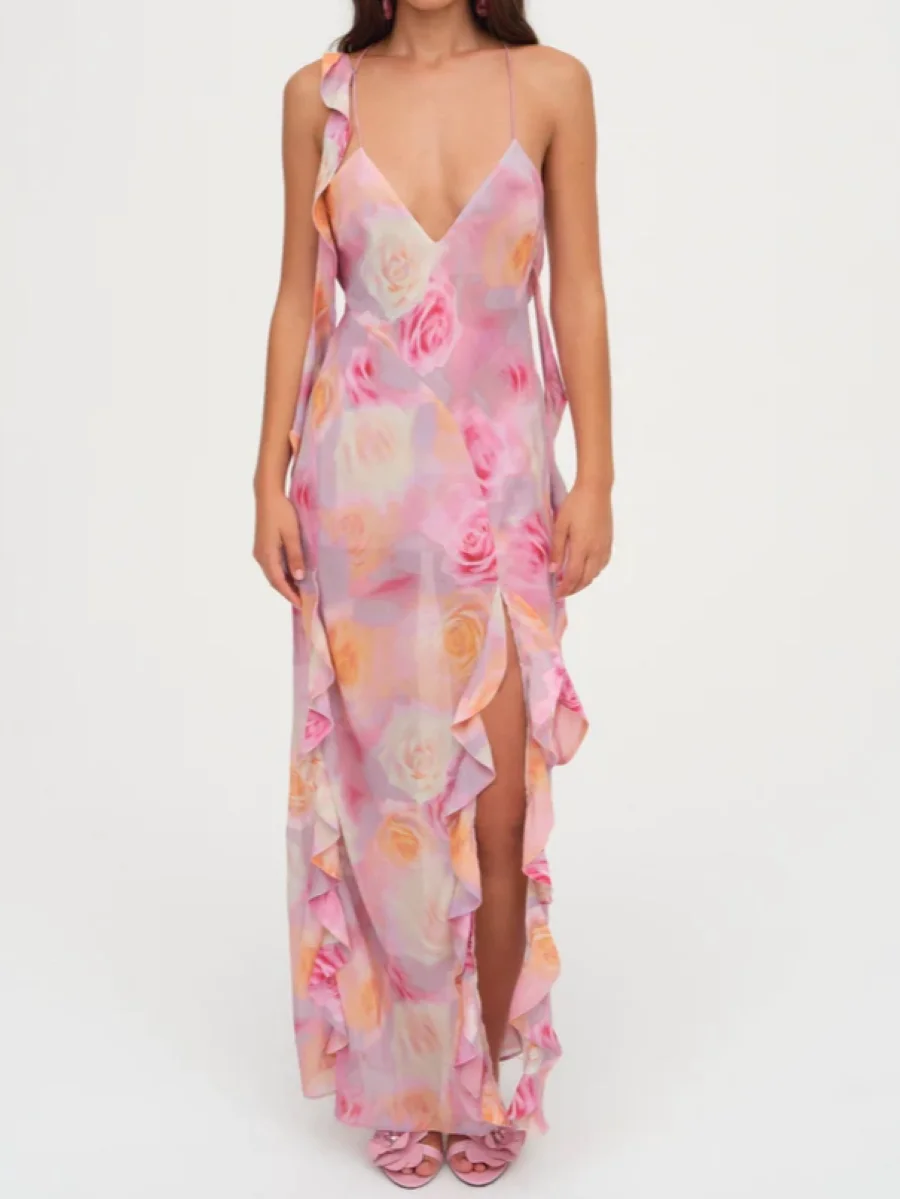 

Rose Print Women's Sling Robe Summer Ruffle Edge Backless V-Neck Sleeveless Fashion Ladies Long Dress