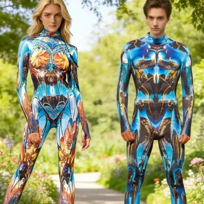 

New Men Futuristic Liquid Metal 3D Print Jumpsuit Women Floral Pattern Cosplay Costume Couple Party Stage Performance Bodysuit