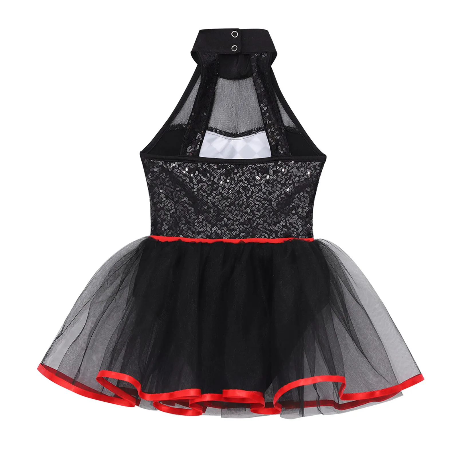 Kids Girls Checkerboard Sequins Tutu Dress Bodysuit Dancewear Halloween Doll Clown Cosplay Costume Halter Neck Dress Up Costume