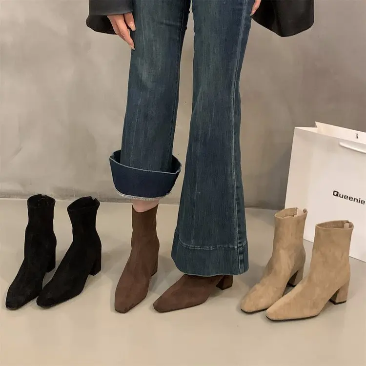 

Coarse heeled high-heeled boots khaki suede short boots for women 2025 autumn and winter French nude boots