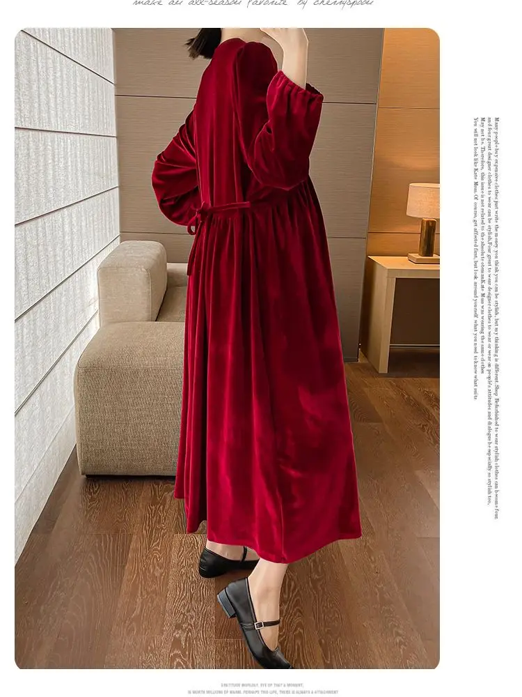 Robe de grossesse en velours pour femme enceinte, manches longues, col en V, robe de soirée, noir, rouge, hiver, ALTERSemi, élégante, grande taille