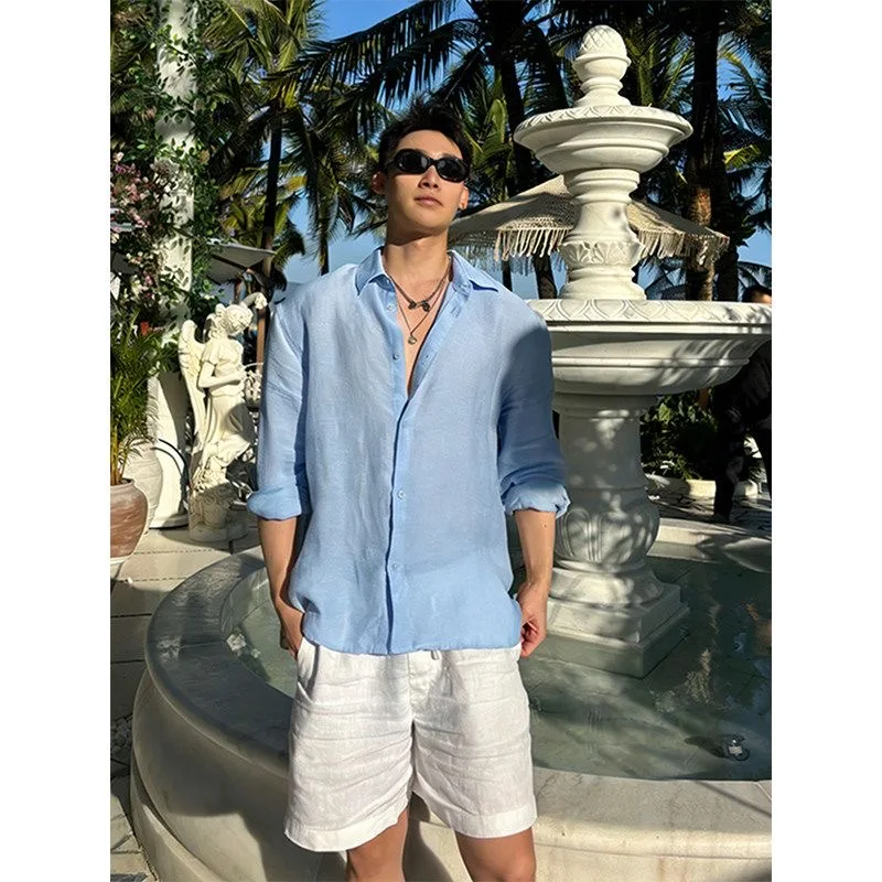 

Light Blue Cotton Linen Long Sleeve Men's Shirt Summer Lazy Loose Style Sun Protection Outerwear Fashionable Casual Shirt