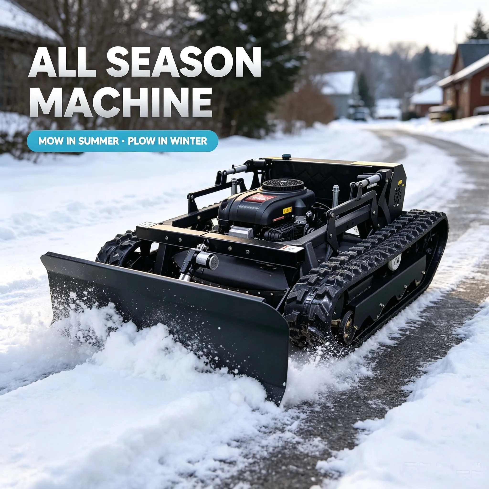 Remote Control Crawler Lawn Mower SAAO with Front Snow Plow Blade for All Terrain Grass Cutting and Winter Snow Removal
