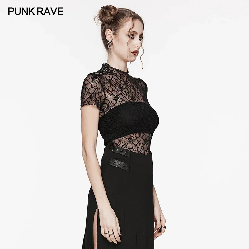 PUNK RAVE Women\'s Punk Daily Skull Mesh Short Sleeve Sexy T-shirt Gothic Black Hollow Out Tops Women Clothes Summer