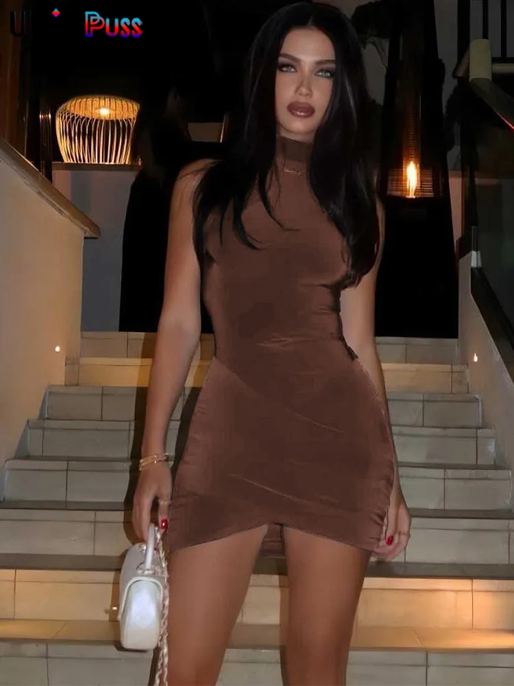 ชุดมินิเดรส Nibber Cross Ruffles สำหรับผู้หญิง ฤดูร้อน เซ็กซี่ สีพื้น คอสูงครึ่งตัว แขนกุด แฟชั่นทันสมัย เหมาะสำหรับงานปาร์ตี้ คลับแวร์ ทรงเข้ารูป