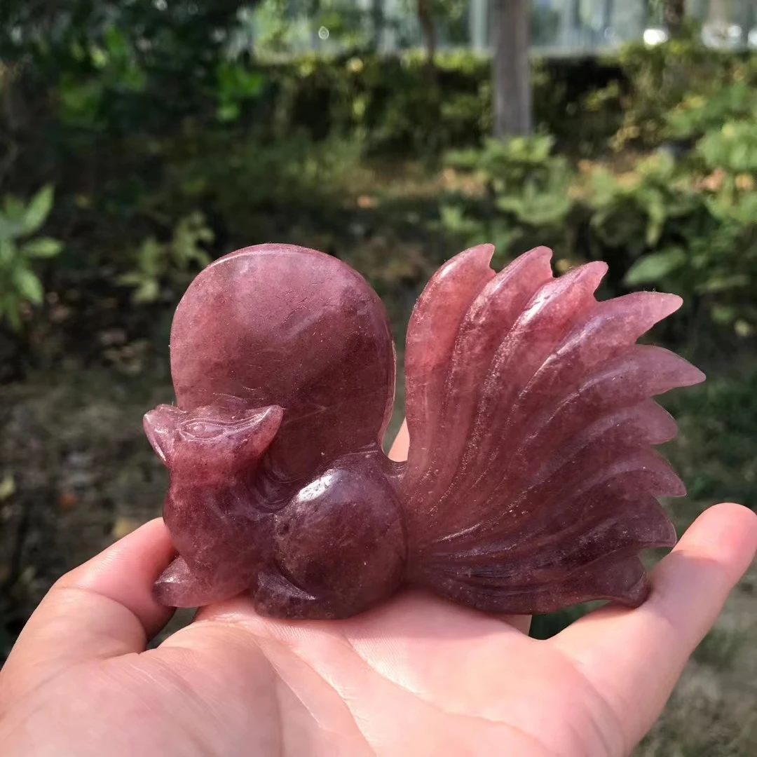 

Natural Strawberry quartz Nine Tailed Fox Animal Carving Crystal Healing Crafts Sculpture Spiritual Animal Home Decoration Gifts