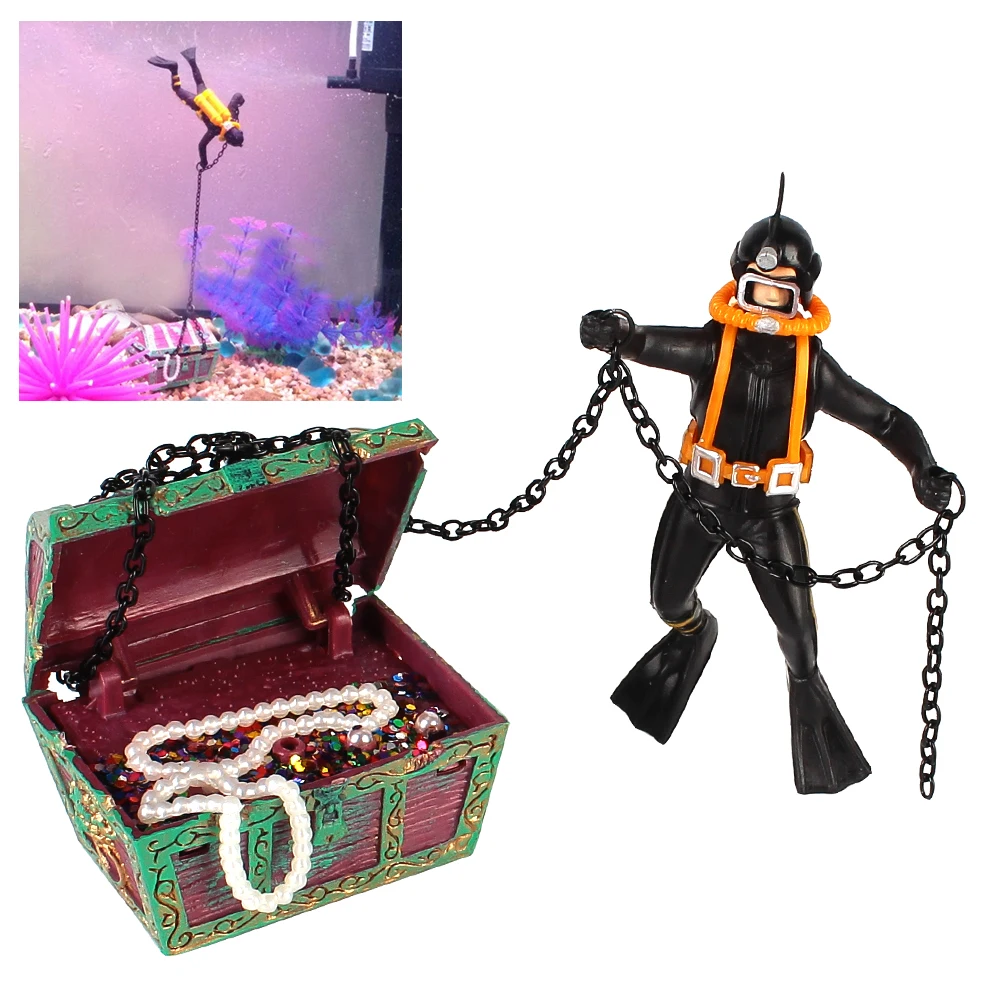 Diver Action Figure Treasure Chest Aquarium Decoration Accessories Fish Tank Ornament 1Pc Treasure Hunter