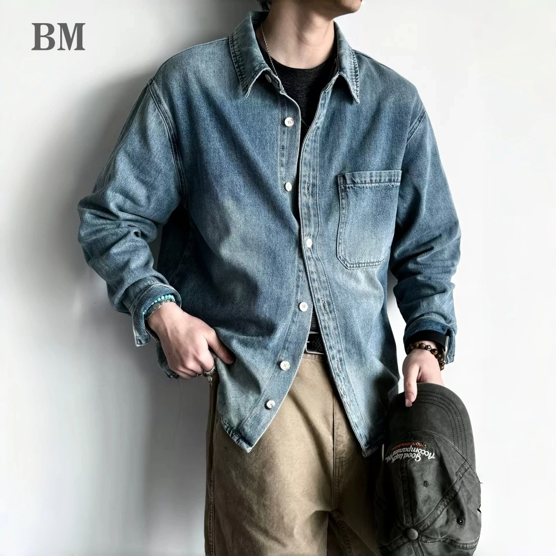 

American Vintage Washed Distressed Denim Shirt Mens Plus Size Long Sleeve Spring Fall Casual Premium Trendy Classic Blue Tops
