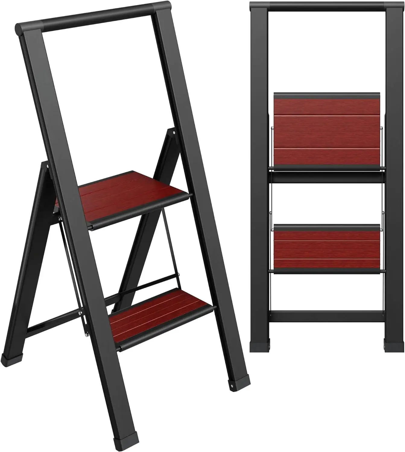 

Step Ladder 2 Step Folding, Decorative - Beautiful Mahogany & Black Aluminum, Ultra Slim Profile, Anti Slip Steps, Sturdy-Portab