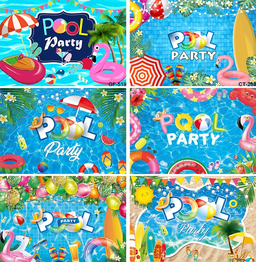 Pool Party Backdrop Summer Swimming Balls Lifebuoy Water Wave Ripple Hawaiian Background Kids Boy Girl Birthday Cake Table Decor