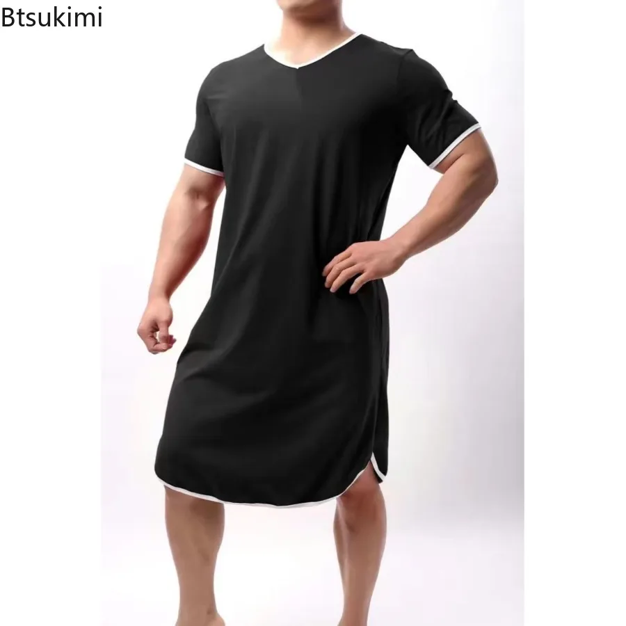 

2025 Men's Short-sleeved Lengthened Pajama Robes Loose Skin Friendly Casual Home Clothes Simple Vintage Bathrobe Men Nightgown