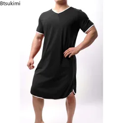 2026 Men's Short-sleeved Lengthened Pajama Robes Loose Skin Friendly Casual Home Clothes Simple Vintage Bathrobe Men Nightgown
