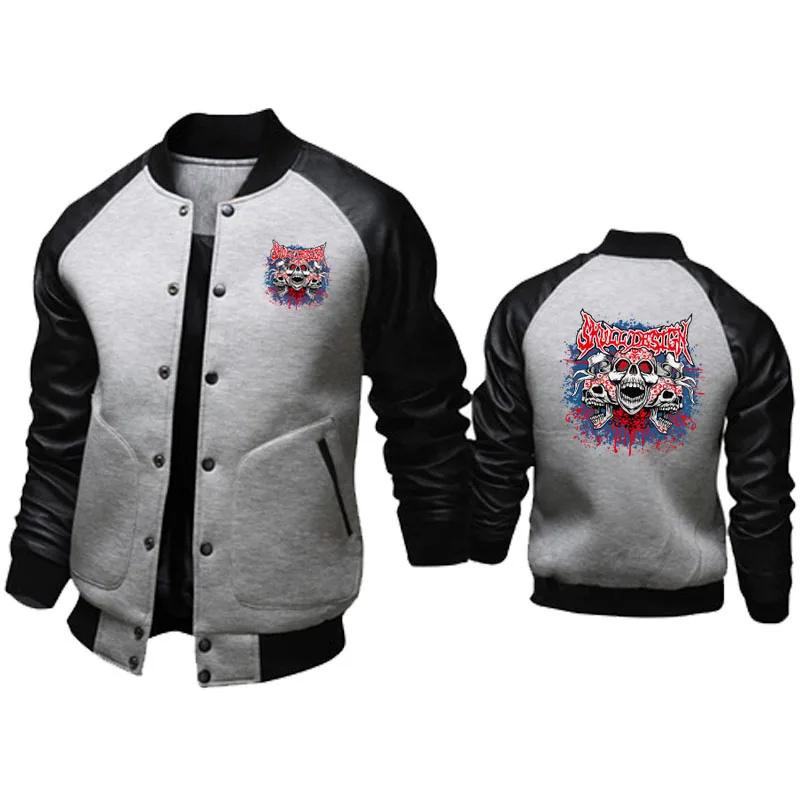 Jaket Bomber kulit pria, jaket Olahraga Baseball kasual pria mode musim gugur baru jaket Logo motif tengkorak