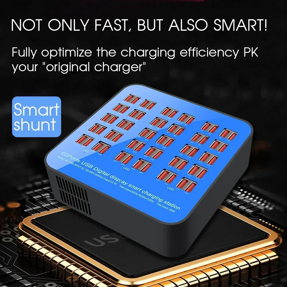 300W/200W/100W 10/20/40/60 Ports USB Charger Display For Android iPhone Adapter Multifunctional HUB Charging Station Dock Socket