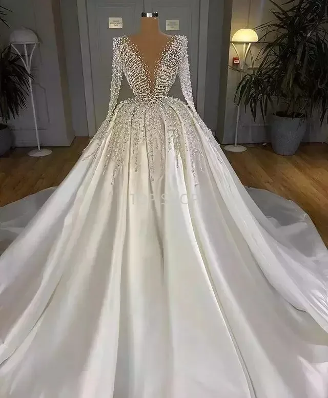 

White Satin Turkish A Line Wedding Dresses Dubai Arabic Long Sleeve Bridal Gowns Beaded Crystal Bride Middle East New 2024