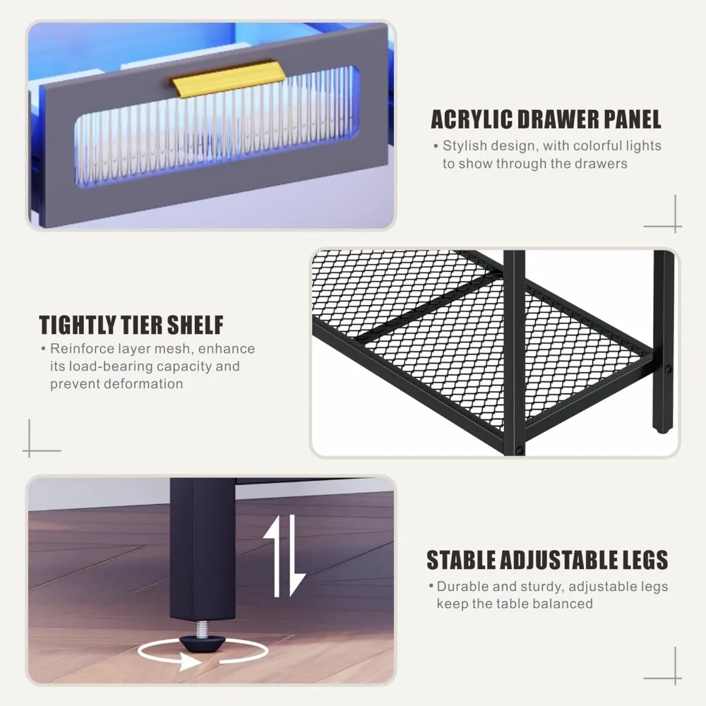Console Table with LED Light, Entryway Table with Storage Drawers & Shelves, Narrow Long Sofa Table with Chars for Living