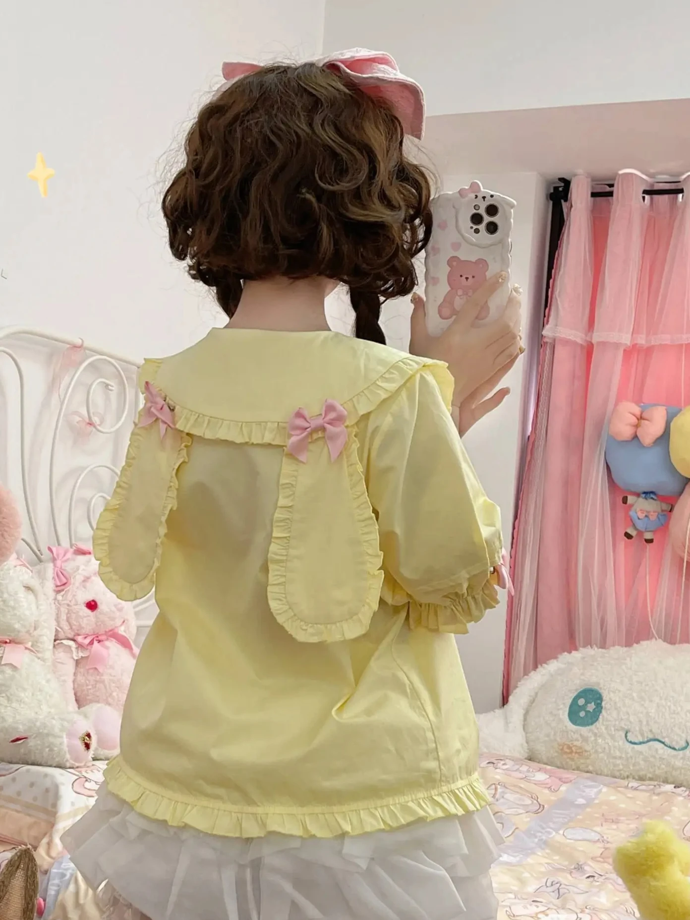 Lolita Elegant Blouse Female Cute Rabbit Candy Color Doll Collar Bow Short Sleeve Shirt Sweet Summer Tops White Shirt Women