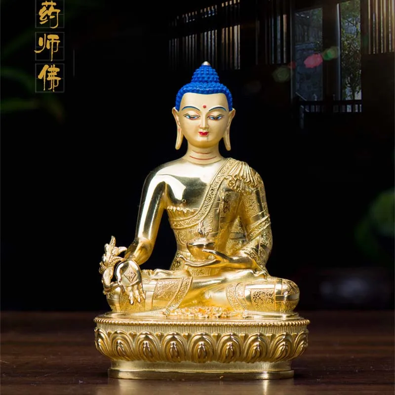 Tibet Nepal High grade good Buddha statue HOME Altar efficacious Protection Medicine Tathagata Buddha Gold-plated copper statue