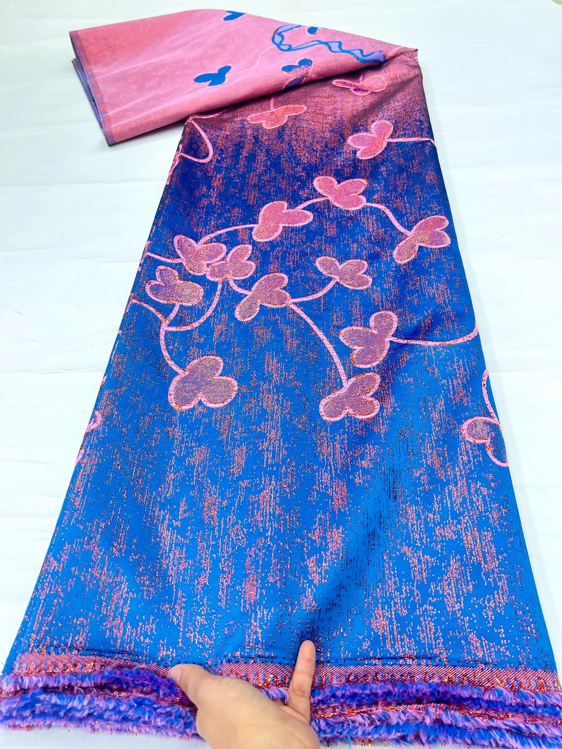 Brocade Nigerian Lace Fabric 5 Yards High Quality 2026 Pink Damask Cloth Jacquard Gilding for Sewing Dress