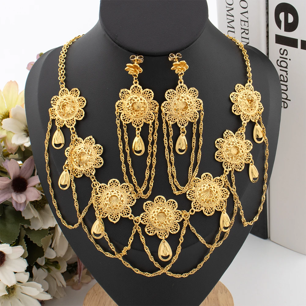 African Luxury Gold Color Jewelry Set for Women Bohemian Classic Tassel Design Earrings Pendant Set Copper Gold Plated Jewelry