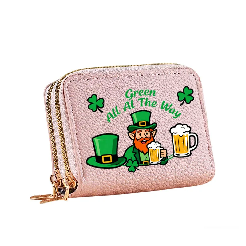 قطعة واحدة من محفظة النقود المعدنية العصرية بنمط عيد القديس باتريك بسحاب مزدوج للتخزين، حزمة بطاقات متعددة، محفظة بمقبض هدية العيد