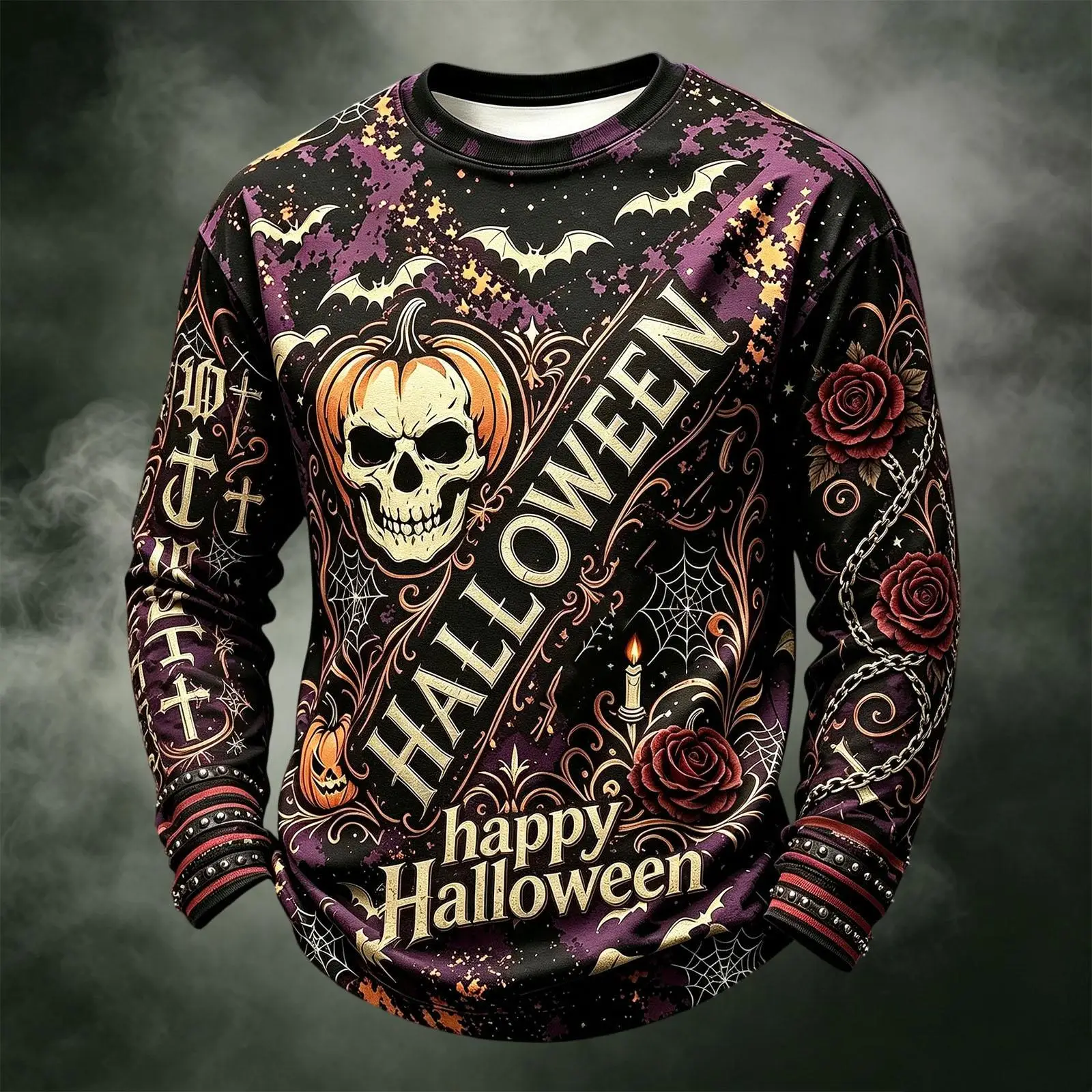 Men Retro Crow Moon Pumpkin Bat Spider Web All Print Sweatshirt Halloween Casual Streetwear