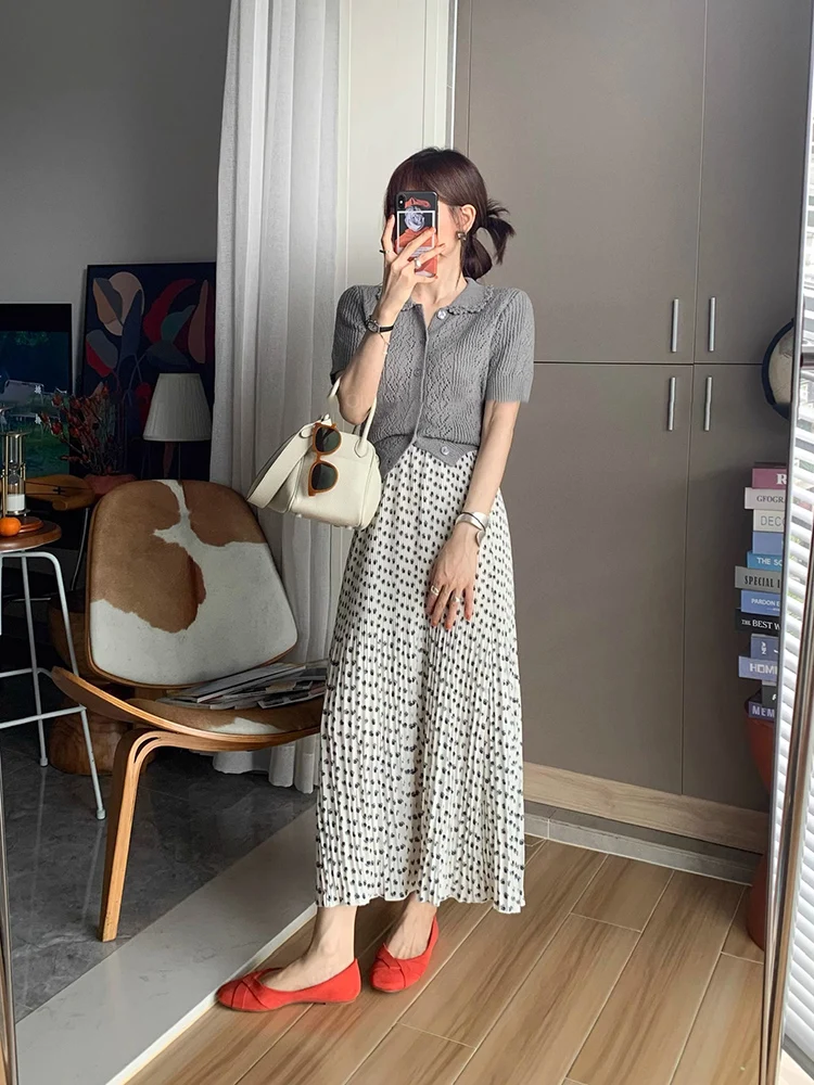 

New Summer High Waist Polka Dot Floral A-Line Skirt Women's Korean Style Retro Drapey Flared Half-length Skirts