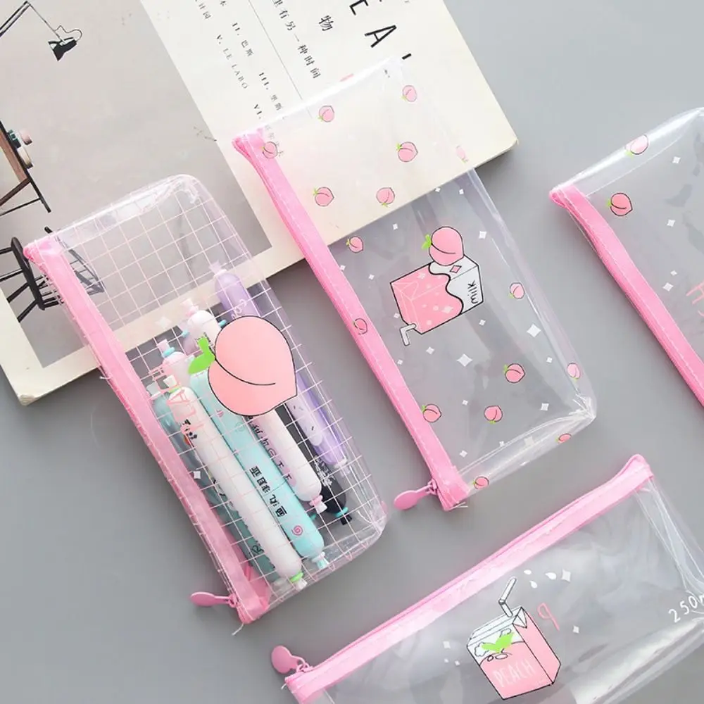 Kawaii Waterproof Transparent Pencil Case PVC Stationery Gift Girls Students Pencil Bag Makeup Cosmetic Bag Travel Bags