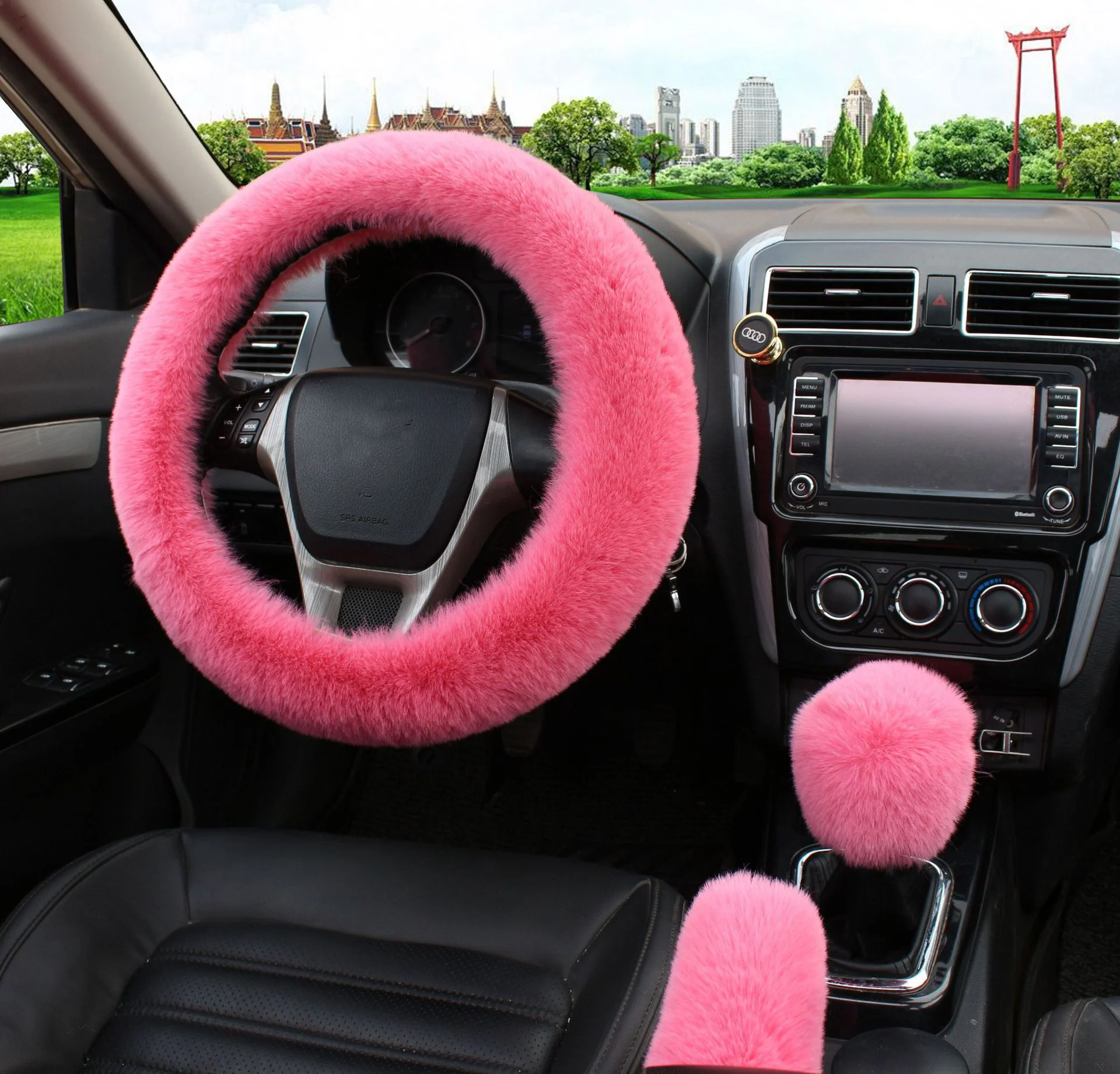 Car Steering Wheel Cover Gearshift Handbrake Cover Protector Decoration Warm Super Thick Plush Collar Soft Black Pink Decoration