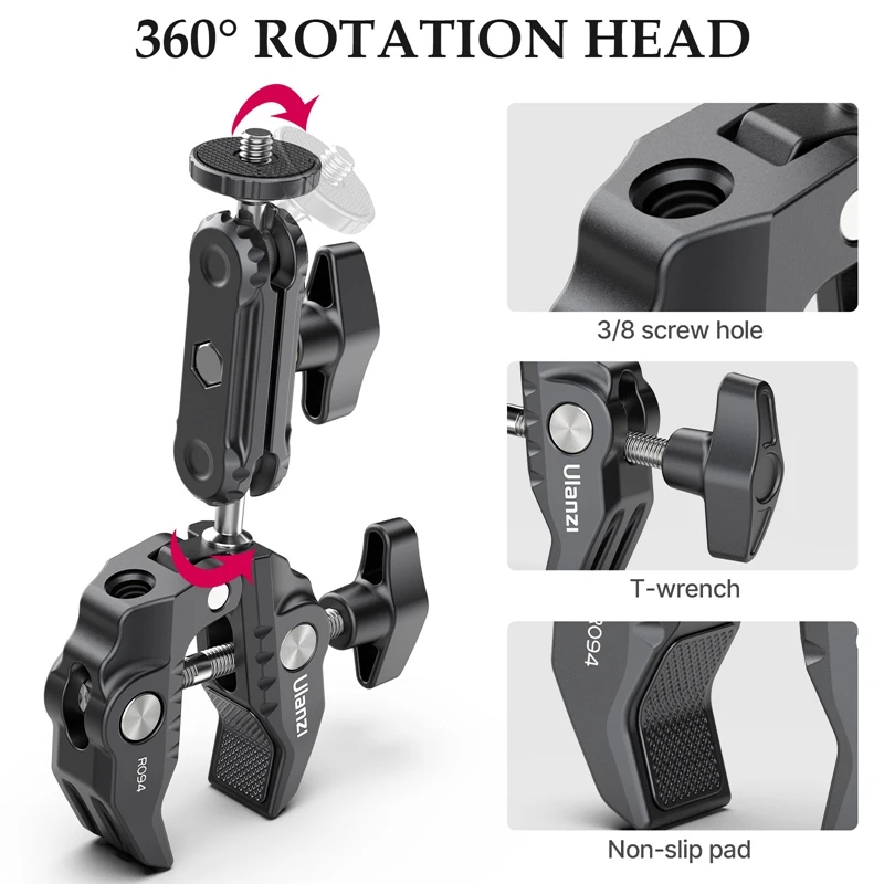 Ulanzi R094 Metall-Superklemme mit 360-Grad-Kugelkopf, magische Armklemme mit 1/4 Zoll 3/8 Zoll Loch für DSLR-Kamera, Monitor, Licht,