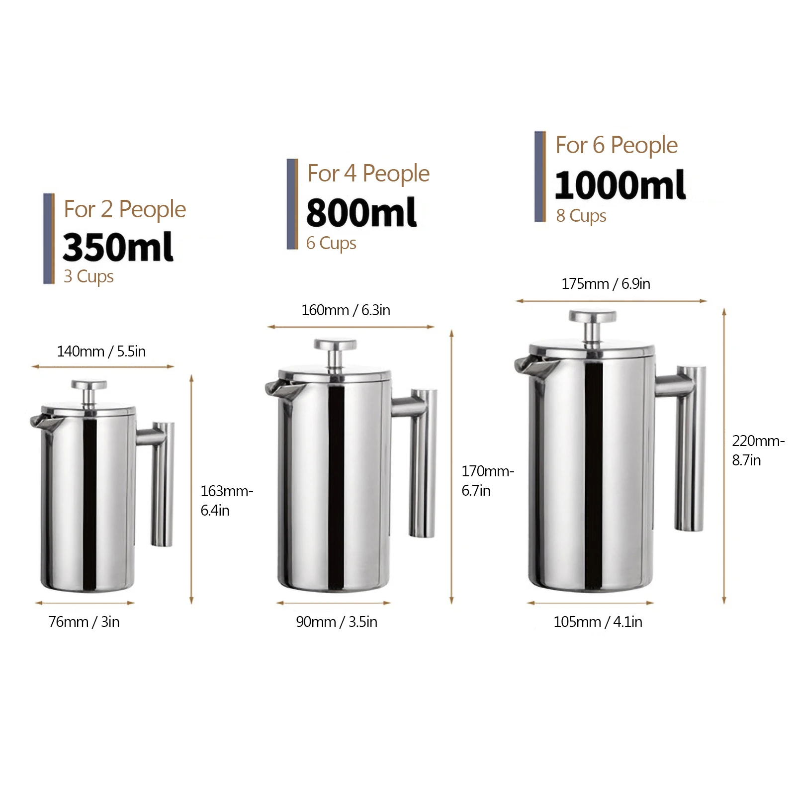 French Press Pot Filter Press Hand-made Coffee Pot Stainless Steel High Quality Double Walled Insulated 350ml/800ml/1000ml