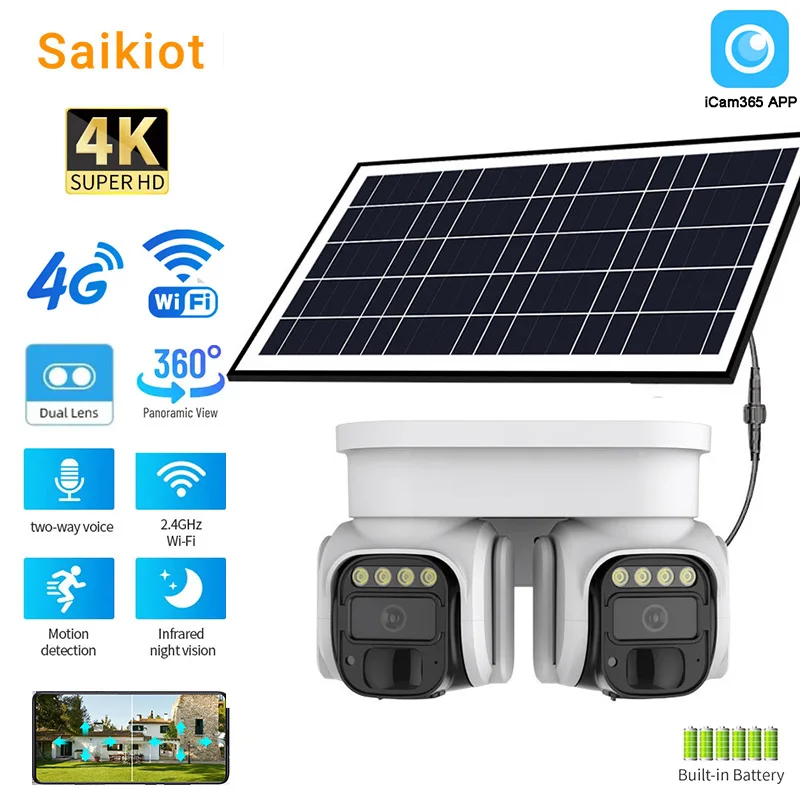 saikiot camera solar de cabeca dupla cctv monitoramento de 360 graus rastreamento automatico visao noturna colorida camera ptz 4g wifi icam365 8mp 4k 01