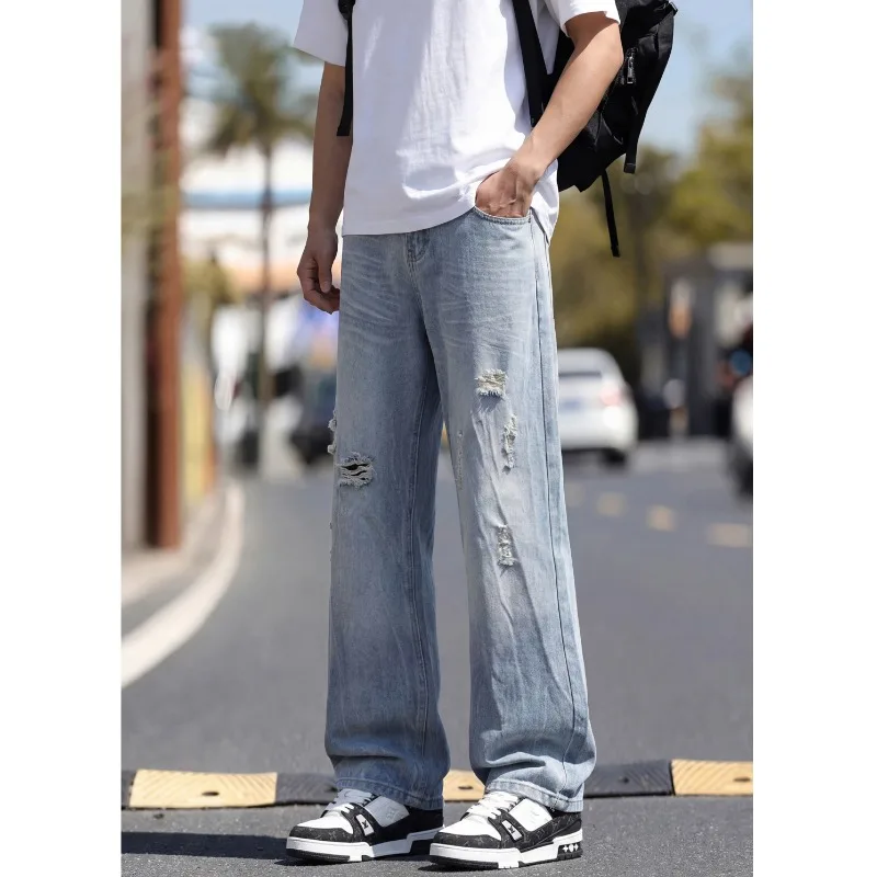 Men New American Vintage Ripped Denim Jeans Loose Straight Leg Micro Flare Casual Long Trousers