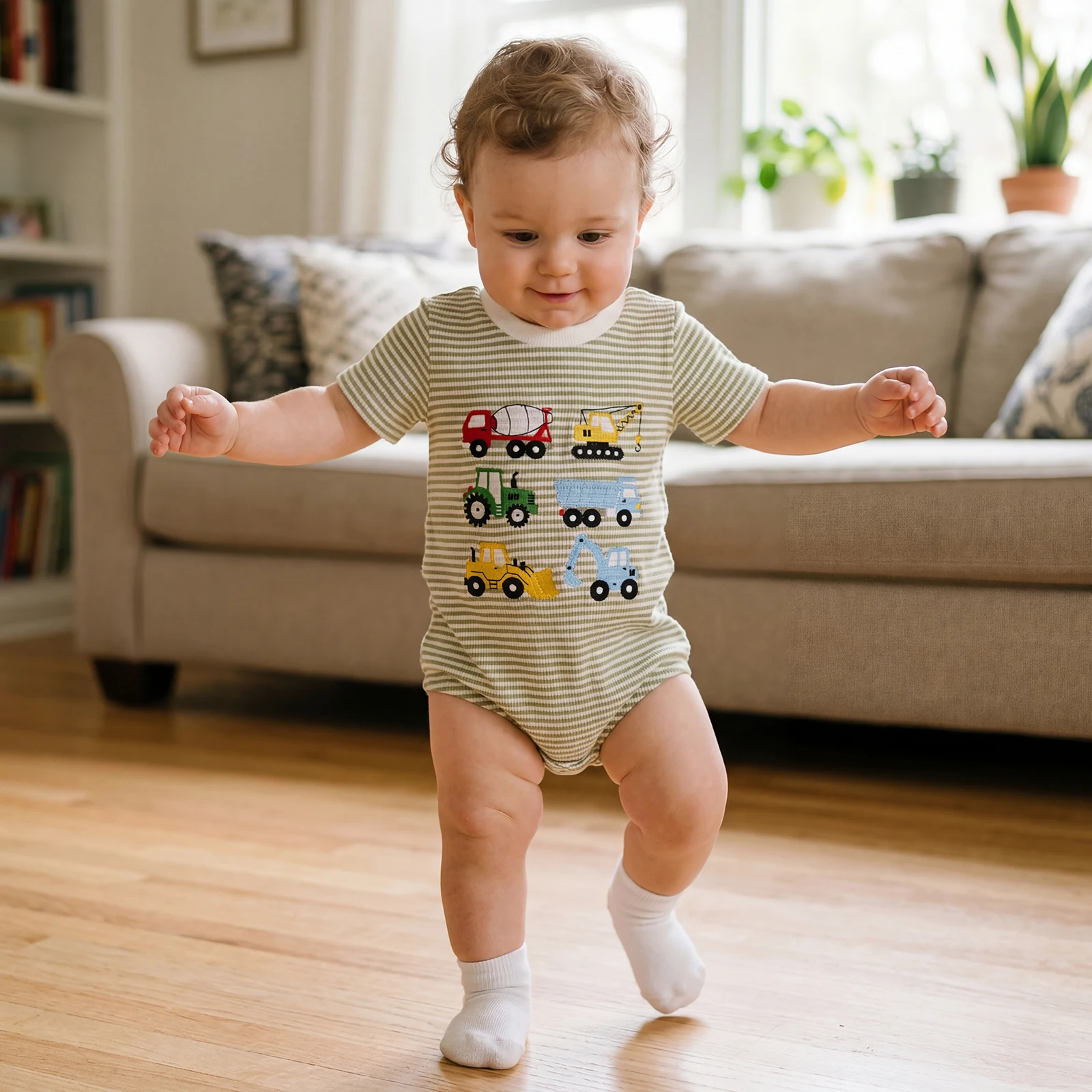 Baby Boys Rompers Digger Embroidery Crew Neck Short Sleeve Waffle Infant Bodysuits Jumpsuits