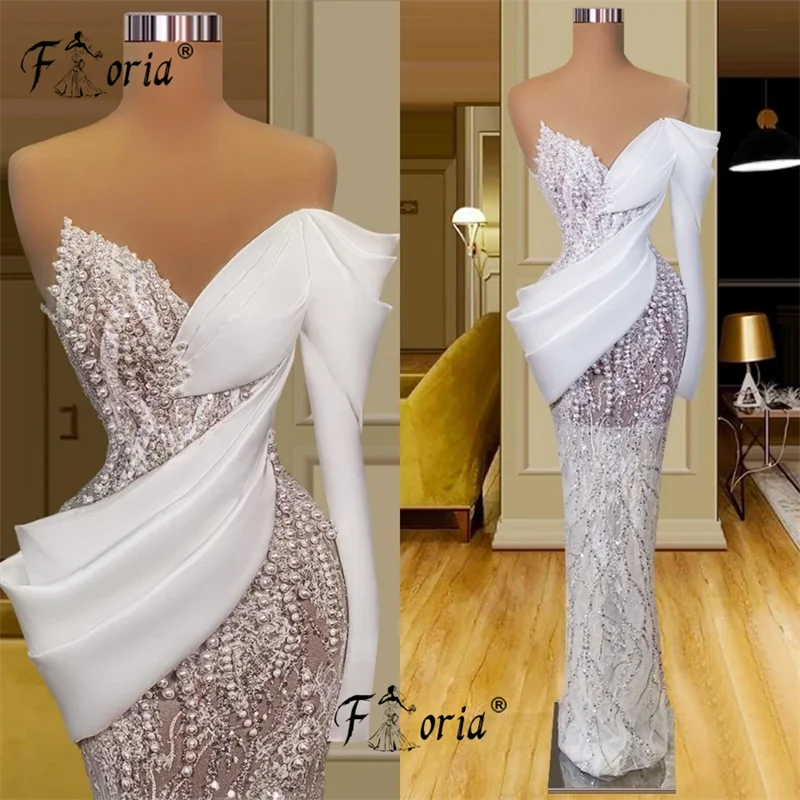 

Elegant Dubai Pearls Mermaid Evening Dresses Ivory Beaded Prom Dress Long Formal Party Gowns Wedding Robes de soiree Arabic New