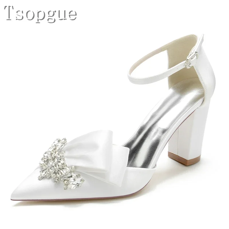 

Rhinestone Decor Satin Women High Heels Pumps Luxury Design Pointed Toe Ankle Strap Bridal Shoes Elegant Ladies Banquet Shoes