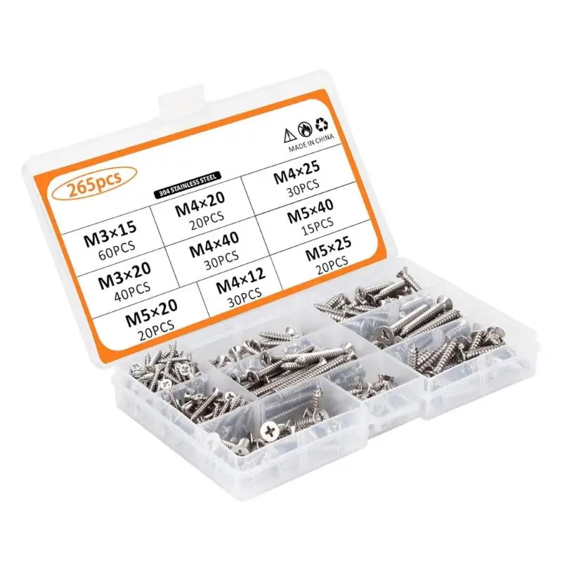 265pcs/set 304 Stainless Steel Self Tapping Screws Assortment Screws with Storage Box Various Size for Different Use