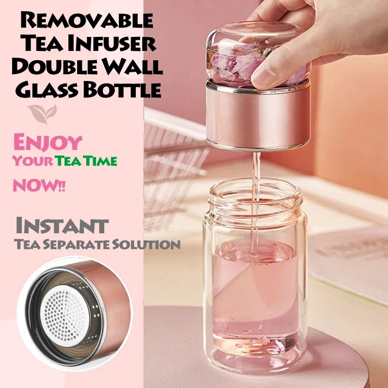 Tea Infuser Glass Bottle Cup Double Wall Insulated with Filter Separation Water Tumbler Portable Detachable Canister Travel Home