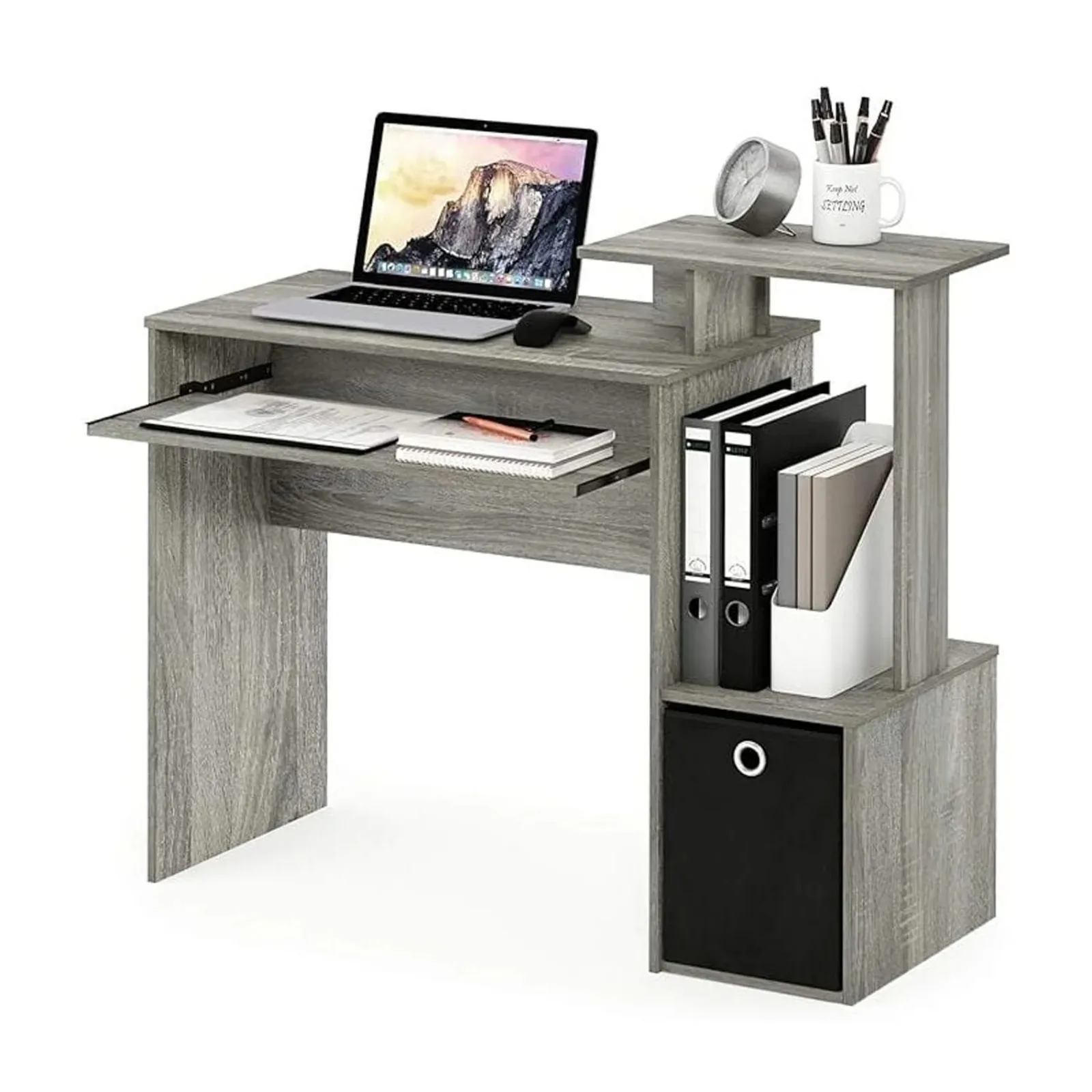 US Econ Multipurpose Home Office Computer Writing Desk with Bin, French Oak Grey, Keyboard Trays, CPU Storage, Drawer