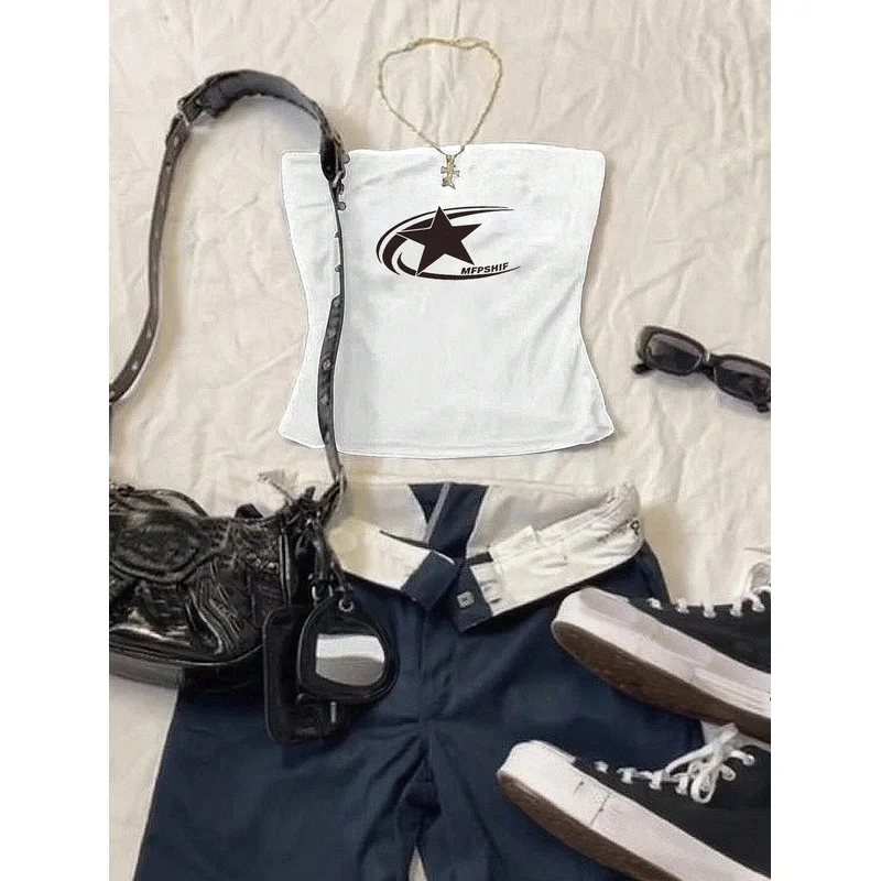 【Deer garlic+Directional】Five-pointed star print casual slim-fit women's tube top