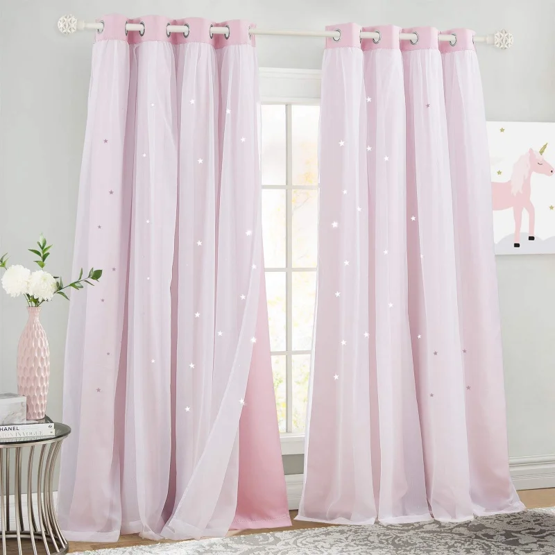 Kids Girls Bedroom Pink Curtains Star Cutout Blackout with White Sheer Pastel Nursery Window Curtain Panels for Living Room Home