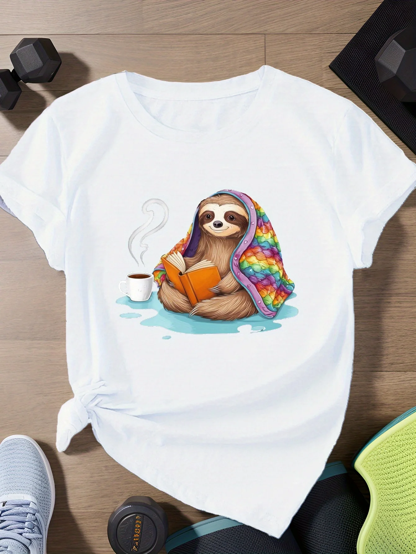 Sloth with Rainbow Quilt Print Women's Short Sleeve T-Shirt Harajuku Sleeve Casual Clothing Street Tops Tees Aesthetic Clothes