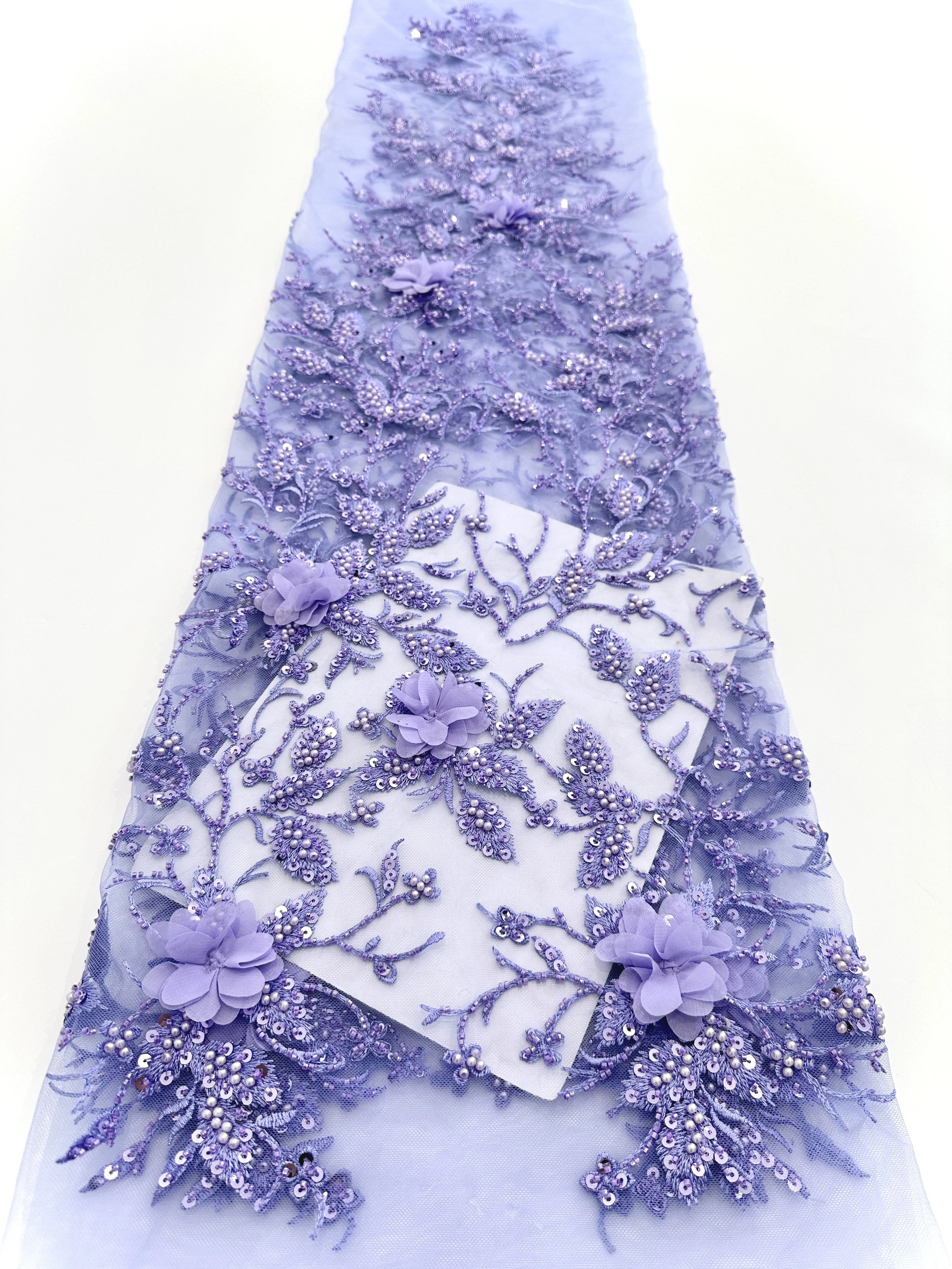 

African Lace Fabric 2025 High Quality French 3D Flower Sequins Embroidery Lace Beaded Tulle Lace Fabric For Bridal Party Dresses