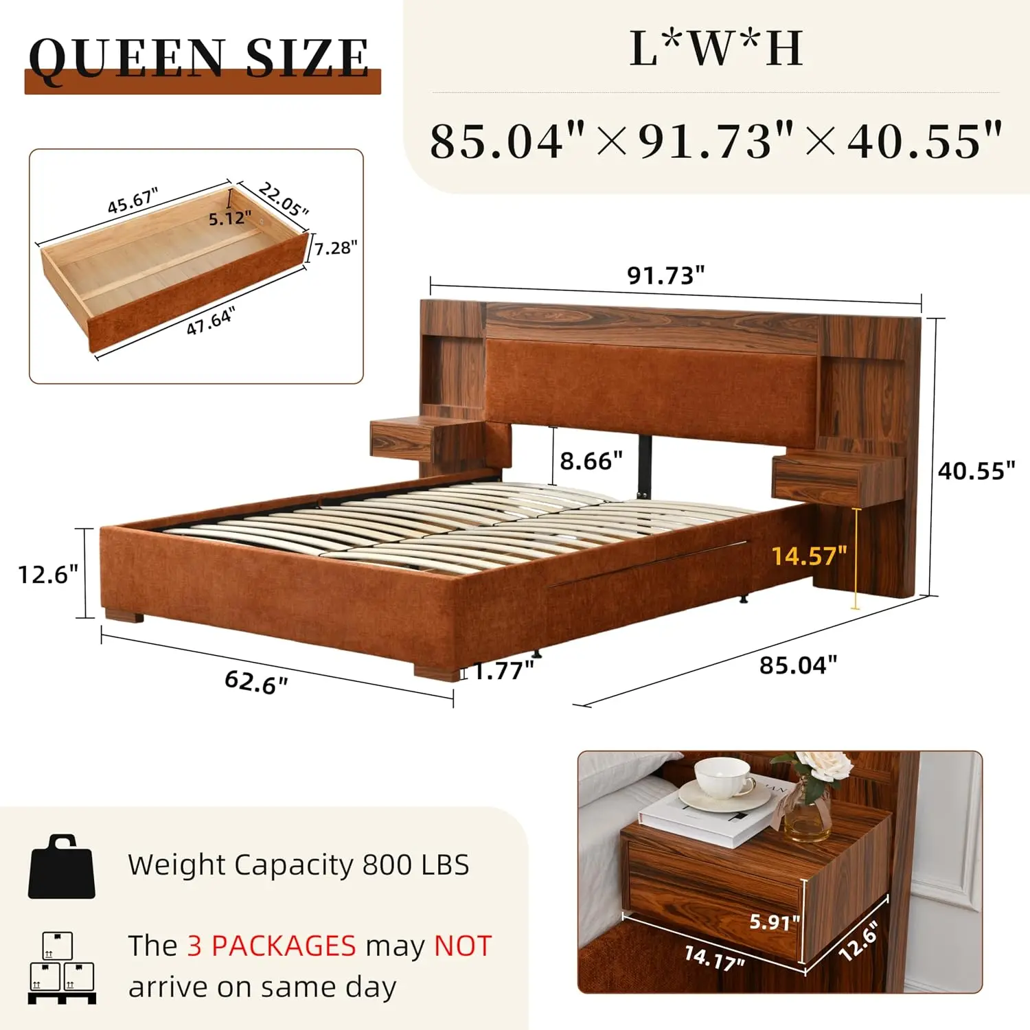 Queen Wood Bed Frame with 2 Nightstands & Drawers, Ocher Linen Headboard, Customized