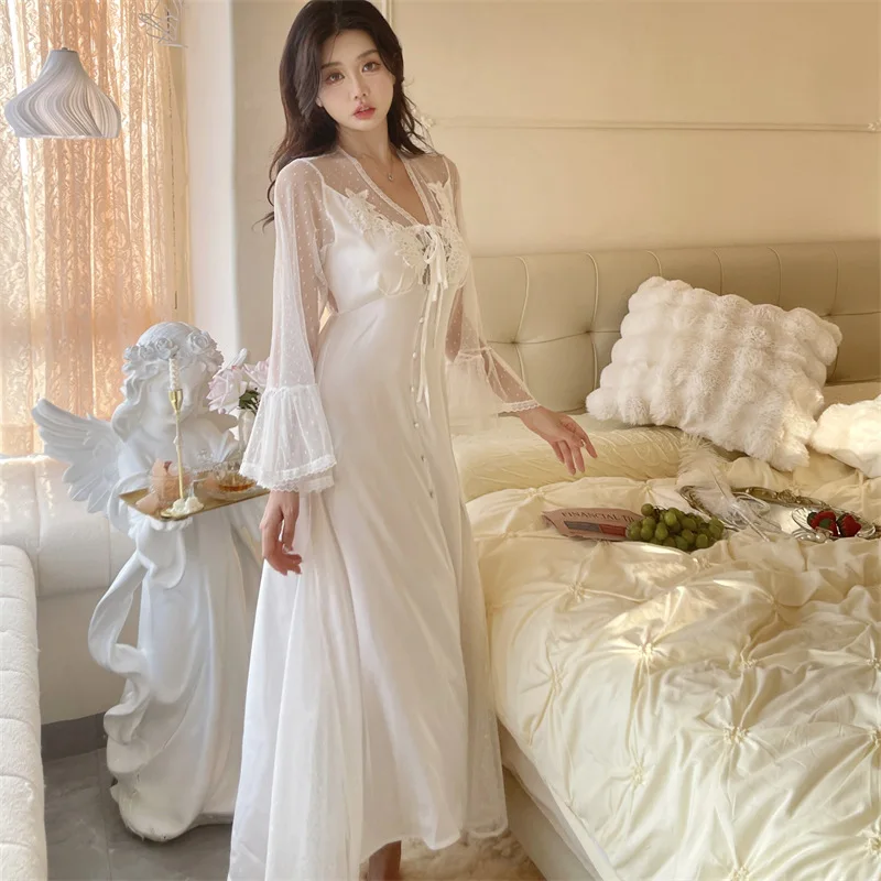 Fashionable Spring And Summer New Sweet Sleeping Dress Women Lace Ice Silk Long Sleeve Hollow Backless Breathable Pyjamas Robe