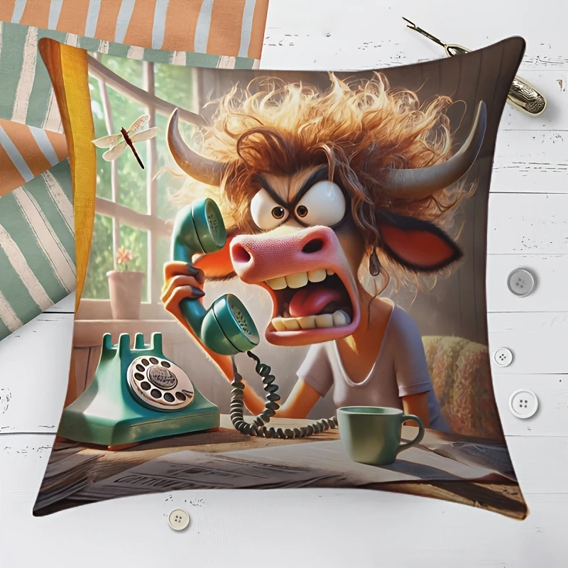 Cartoon Angry Cow With Phone Pattern Pillow Cover 2D Print Vibrant Color Washable Cushion Case for Home Car Party Decoration